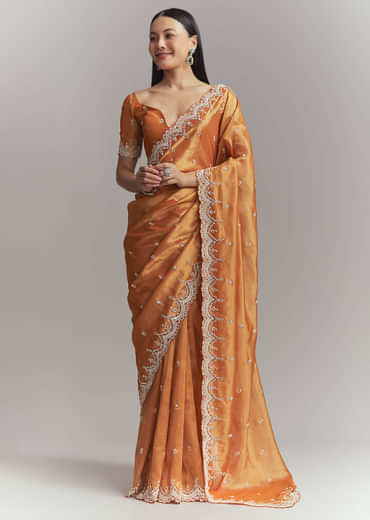 Rust Orange Silk Embroidered Saree With Heavy Hand Embroidery