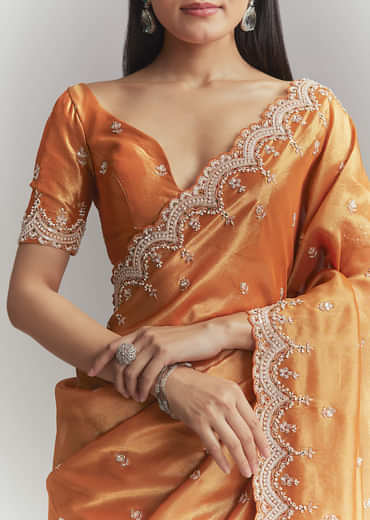Rust Orange Silk Embroidered Saree With Heavy Hand Embroidery