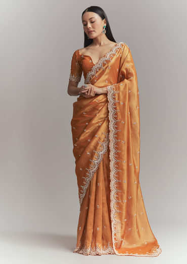 Rust Orange Silk Embroidered Saree With Heavy Hand Embroidery