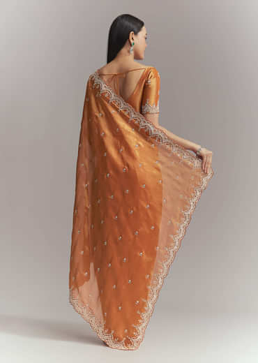 Rust Orange Silk Embroidered Saree With Heavy Hand Embroidery