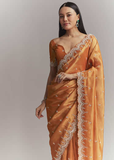 Rust Orange Silk Embroidered Saree With Heavy Hand Embroidery