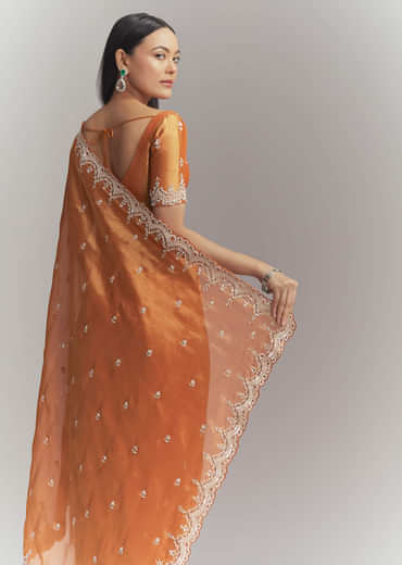 Rust Orange Silk Embroidered Saree With Heavy Hand Embroidery