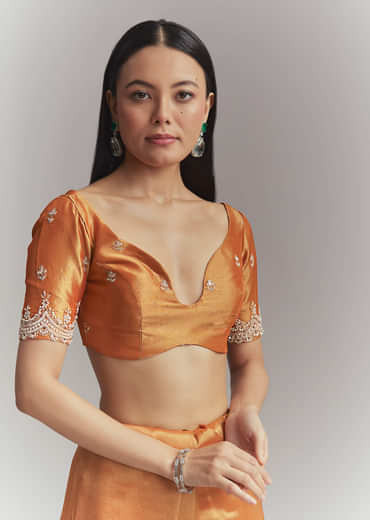 Rust Orange Silk Embroidered Saree With Heavy Hand Embroidery