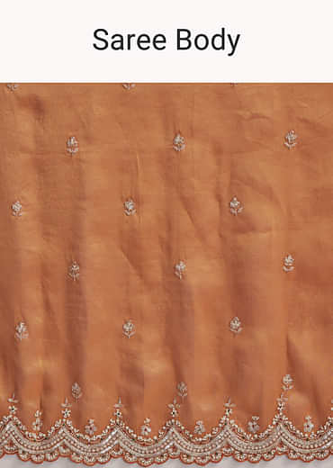 Rust Orange Silk Embroidered Saree With Heavy Hand Embroidery
