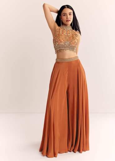 Rust Orange Tissue Embroidered Croptop With Palazzo