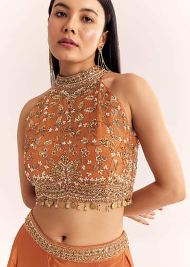 Rust Orange Tissue Embroidered Croptop With Palazzo