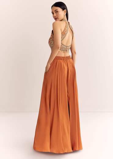 Rust Orange Tissue Embroidered Croptop With Palazzo