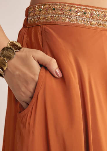 Rust Orange Tissue Embroidered Croptop With Palazzo