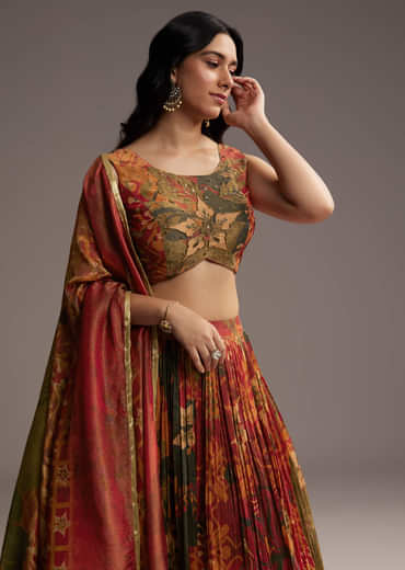 Rust Orange Tissue Lehenga Choli With Floral Print