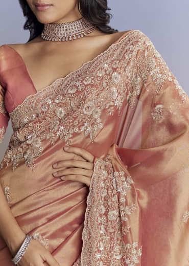 Rust Orange Tissue Saree With Floral Embroidery In Cutdana Sequins And Beads
