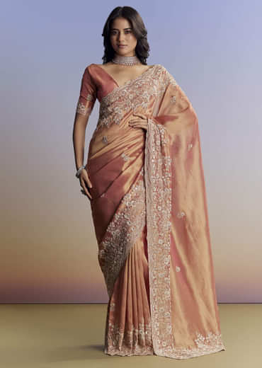 Rust Orange Tissue Saree With Floral Embroidery In Cutdana Sequins And Beads
