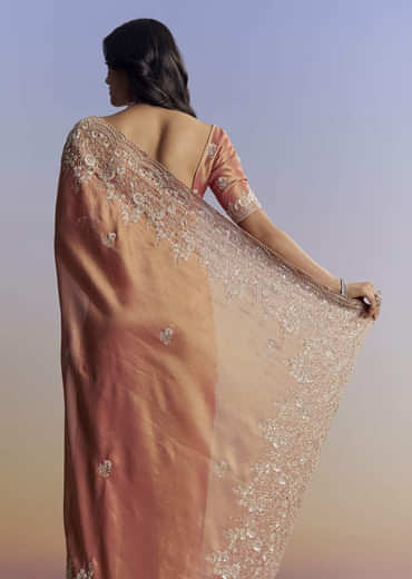 Rust Orange Tissue Saree With Floral Embroidery In Cutdana Sequins And Beads