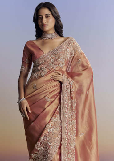 Rust Orange Tissue Saree With Floral Embroidery In Cutdana Sequins And Beads