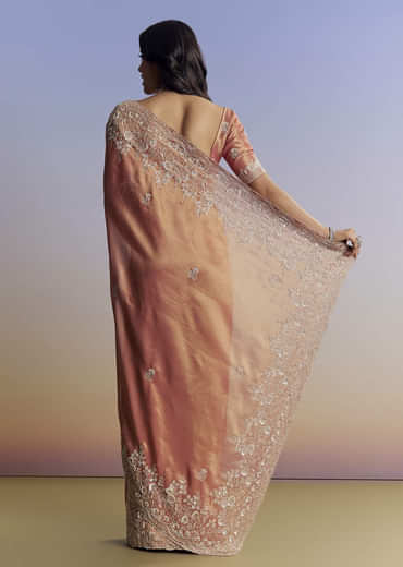 Rust Orange Tissue Saree With Floral Embroidery In Cutdana Sequins And Beads