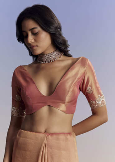 Rust Orange Tissue Saree With Floral Embroidery In Cutdana Sequins And Beads