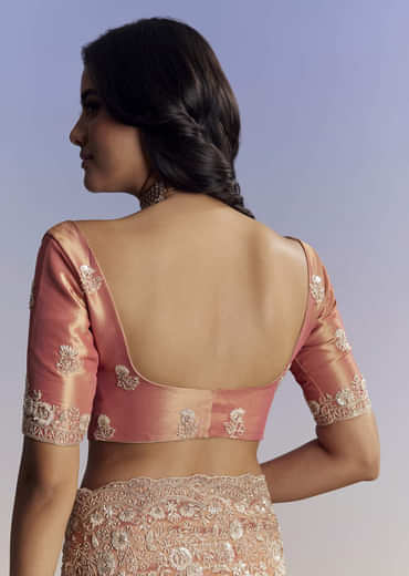 Rust Orange Tissue Saree With Floral Embroidery In Cutdana Sequins And Beads