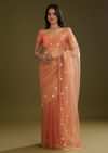Rust Pink Tissue Floral Embroidered Saree With Cutdana Scallop Border
