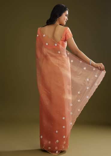 Rust Pink Tissue Floral Embroidered Saree With Cutdana Scallop Border