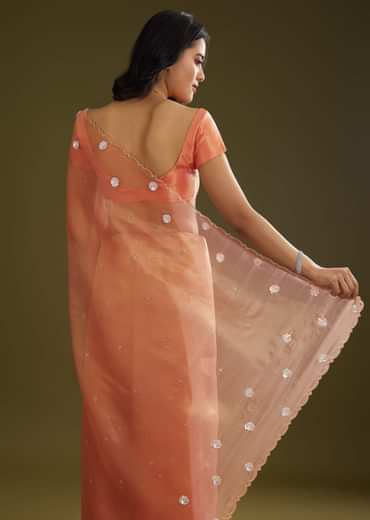 Rust Pink Tissue Floral Embroidered Saree With Cutdana Scallop Border