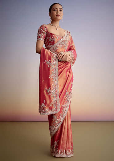 Rust Pink Tissue Saree With Zardosi Cutdana Embroidery