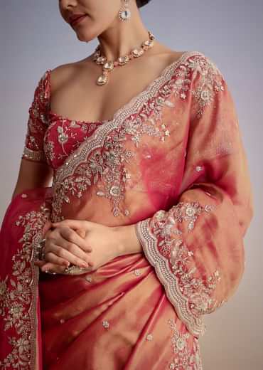 Rust Pink Tissue Saree With Zardosi Cutdana Embroidery