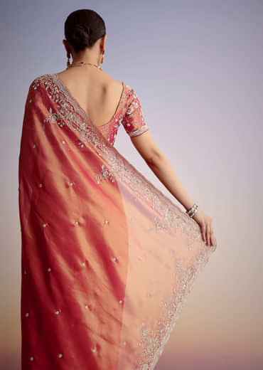 Rust Pink Tissue Saree With Zardosi Cutdana Embroidery