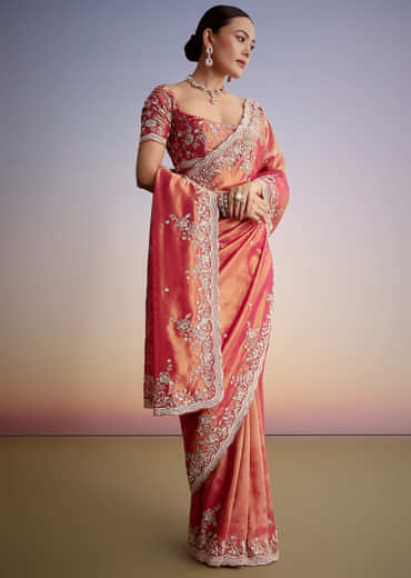 Rust Pink Tissue Saree With Zardosi Cutdana Embroidery