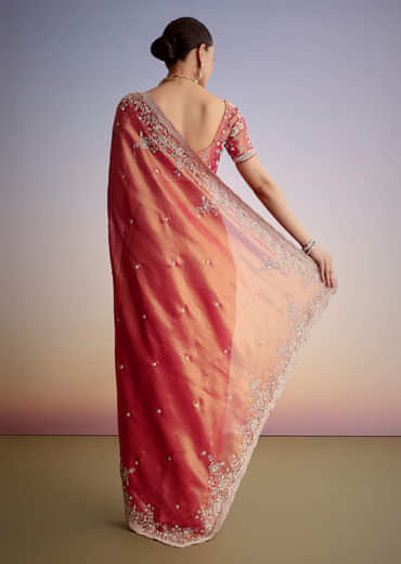Rust Pink Tissue Saree With Zardosi Cutdana Embroidery