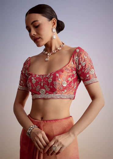 Rust Pink Tissue Saree With Zardosi Cutdana Embroidery