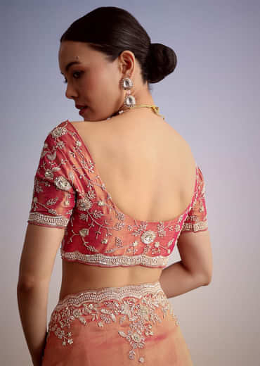 Rust Pink Tissue Saree With Zardosi Cutdana Embroidery