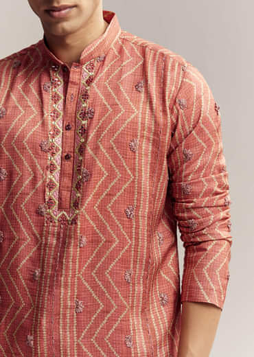 Rust Red Silk Kurta Set For Men With Embroidery