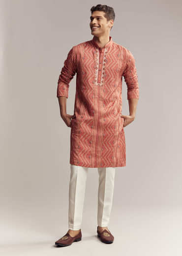 Rust Red Silk Kurta Set For Men With Embroidery