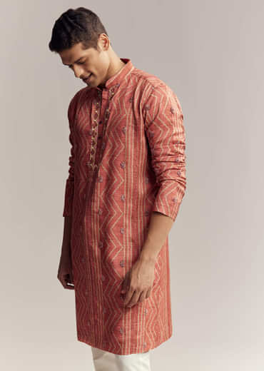 Rust Red Silk Kurta Set For Men With Embroidery
