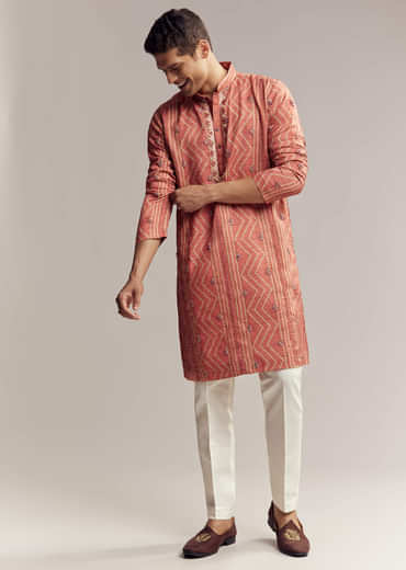 Rust Red Silk Kurta Set For Men With Embroidery