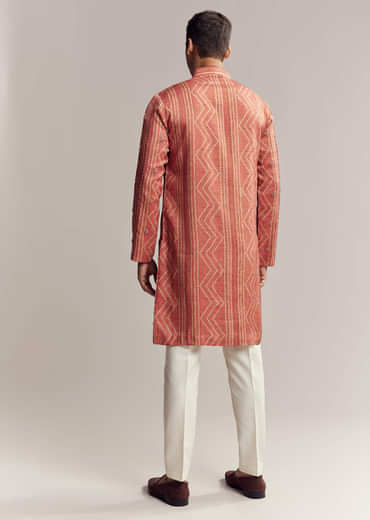 Rust Red Silk Kurta Set For Men With Embroidery