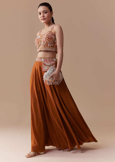 Rust Silk Crop Top Palazzo Set with Cudtana Embroidery