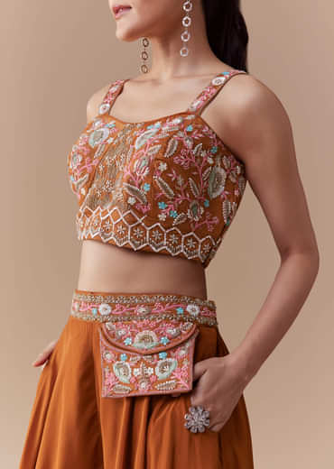 Rust Silk Crop Top Palazzo Set with Cudtana Embroidery