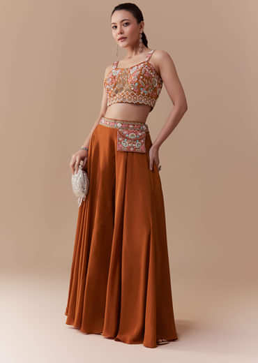 Rust Silk Crop Top Palazzo Set with Cudtana Embroidery