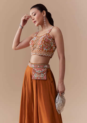 Rust Silk Crop Top Palazzo Set with Cudtana Embroidery
