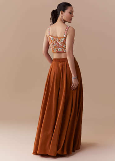 Rust Silk Crop Top Palazzo Set with Cudtana Embroidery