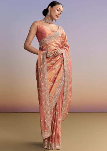 Rust Tissue Embroidered Saree With Cutdana And Stone Work