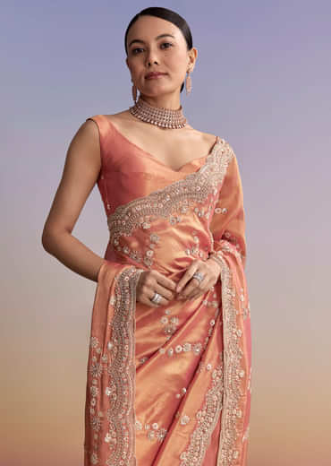 Rust Tissue Embroidered Saree With Cutdana And Stone Work