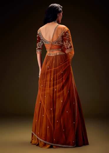 Rust Color Rushing Lehenga With Hand Embroidered Belt Blouse And Dupatta