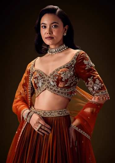 Rust Color Rushing Lehenga With Hand Embroidered Belt Blouse And Dupatta
