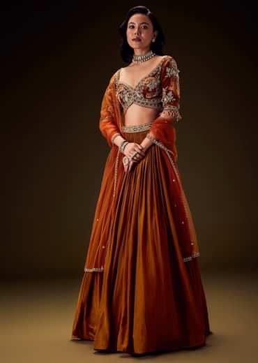 Rust Color Rushing Lehenga With Hand Embroidered Belt Blouse And Dupatta