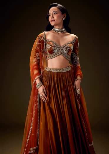 Rust Color Rushing Lehenga With Hand Embroidered Belt Blouse And Dupatta