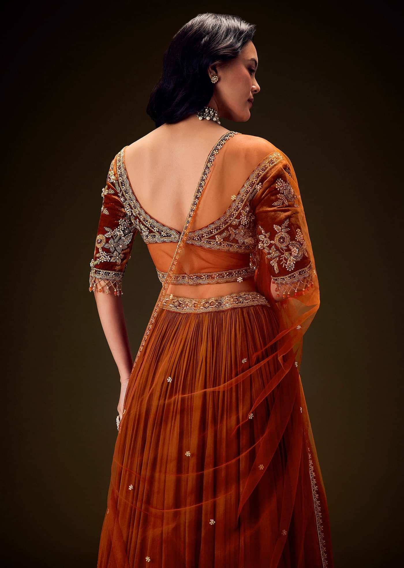 Rust Color Rushing Lehenga With Hand Embroidered Belt Blouse And Dupatta