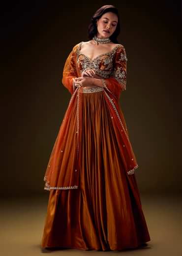 Rust Color Rushing Lehenga With Hand Embroidered Belt Blouse And Dupatta