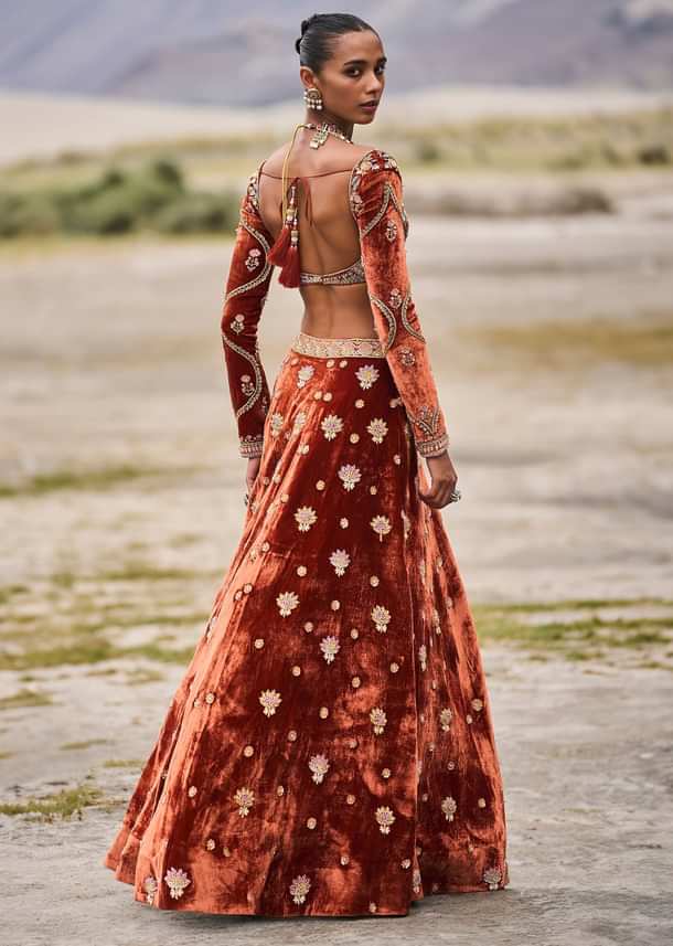 Rust Embroidered Velvet Lehenga And Blouse With Dupatta