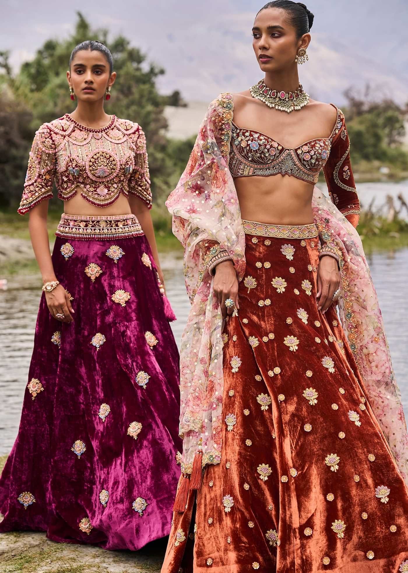 Rust Embroidered Velvet Lehenga And Blouse With Dupatta